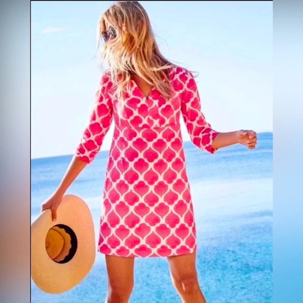 Boden EUC Size 2P Pretty Coral & White 3/4 Length Linen Mini Dress (0554) - Picture 1 of 14